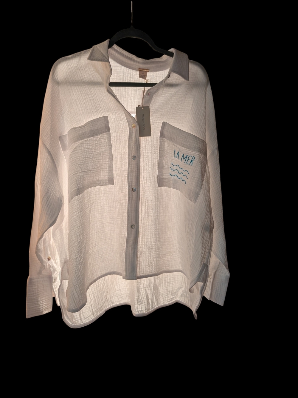 Magaschoni  White 100 % Organic Button-Up Shirt with 'La Mer' Pocket Embroidery